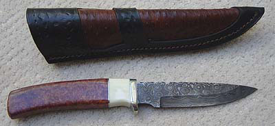 Herb Derr Damascus Knife and Leather Sheath