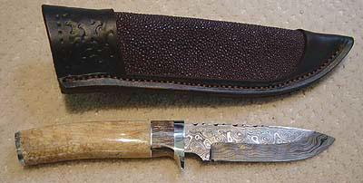 Herb Derr Damascus Knife and Leather Sheath