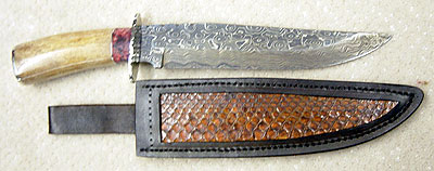 Herb Derr Damascus Bowie Knife and Leather Sheath