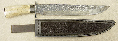 Herb Derr Damascus Bowie Knife and Leather Sheath