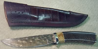 Herb Derr Damascus Knife and Leather Sheath