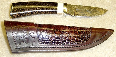 Herb Derr Damascus Knife and Leather Sheath