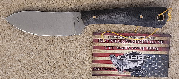 Battle Horse Knives Crooked Creek 3.25" blade, 7.25" overall, black handle.
