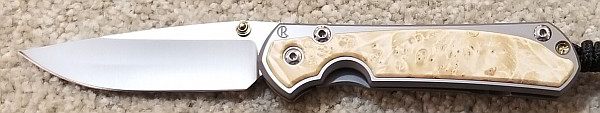 Chris Reeve Knives Small Sebenza 31, box elder burl inlay, Polished Magnacut